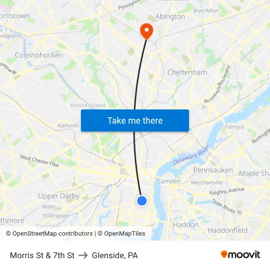 Morris St & 7th St to Glenside, PA map