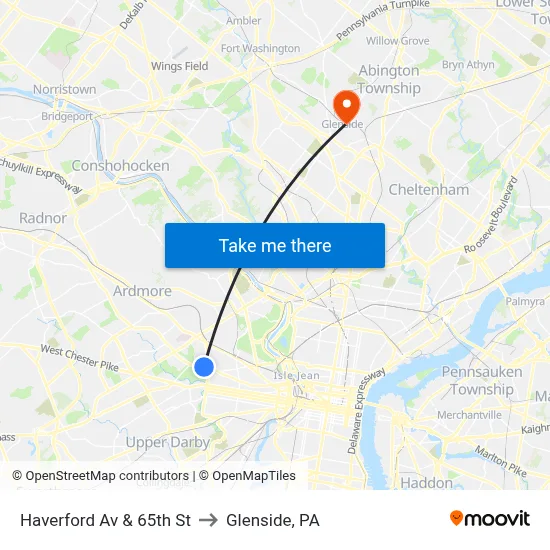 Haverford Av & 65th St to Glenside, PA map