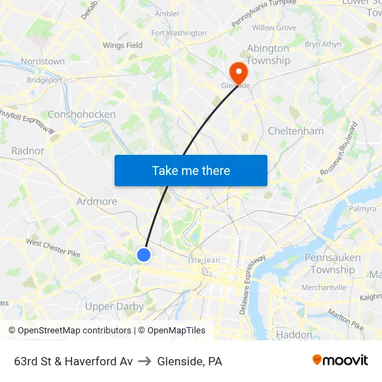 63rd St & Haverford Av to Glenside, PA map