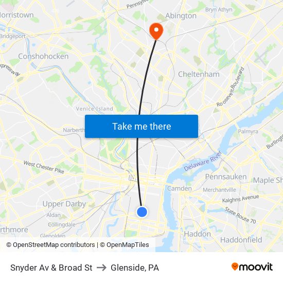 Snyder Av & Broad St to Glenside, PA map