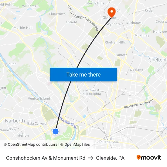 Conshohocken Av & Monument Rd to Glenside, PA map