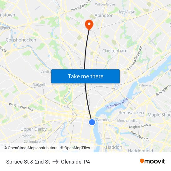 Spruce St & 2nd St to Glenside, PA map