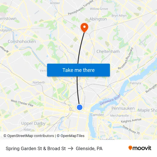 Spring Garden St & Broad St to Glenside, PA map