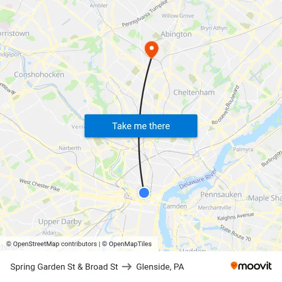 Spring Garden St & Broad St to Glenside, PA map