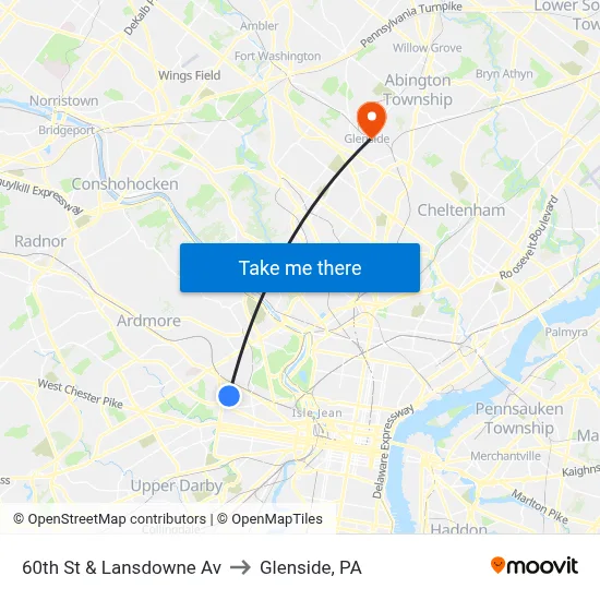 60th St & Lansdowne Av to Glenside, PA map