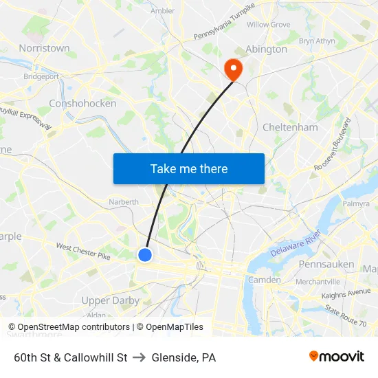 60th St & Callowhill St to Glenside, PA map