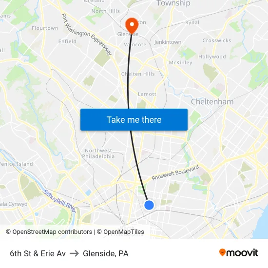 6th St & Erie Av to Glenside, PA map