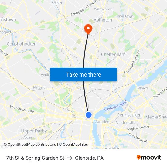 7th St & Spring Garden St to Glenside, PA map