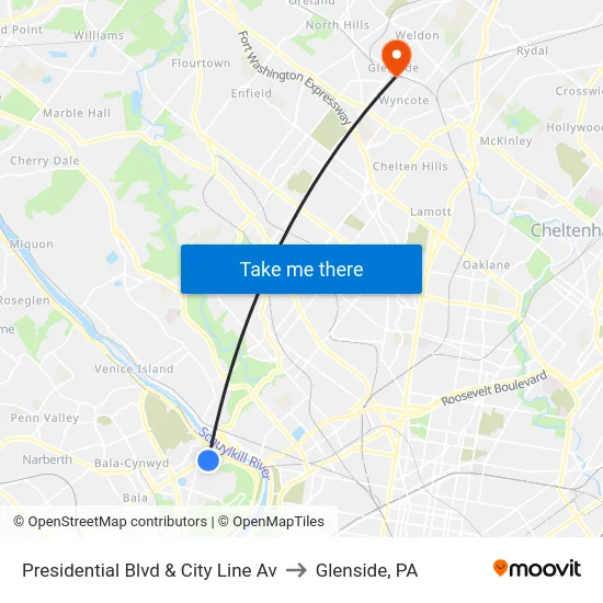 Presidential Blvd & City Line Av to Glenside, PA map
