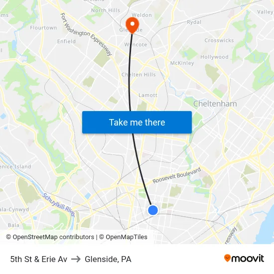 5th St & Erie Av to Glenside, PA map