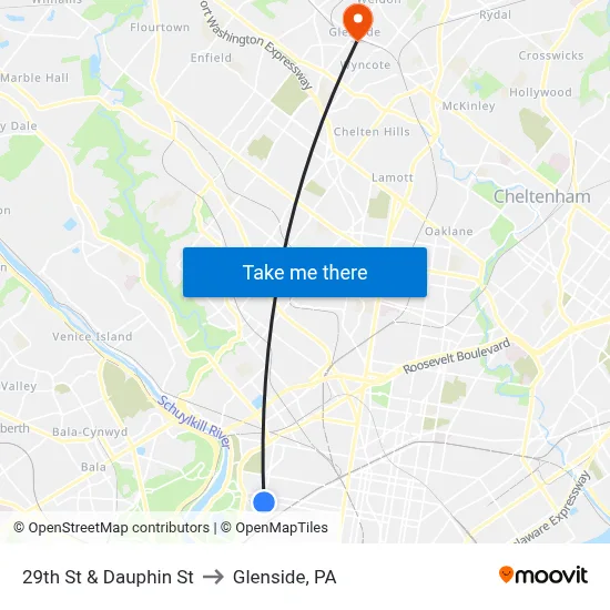 29th St & Dauphin St to Glenside, PA map