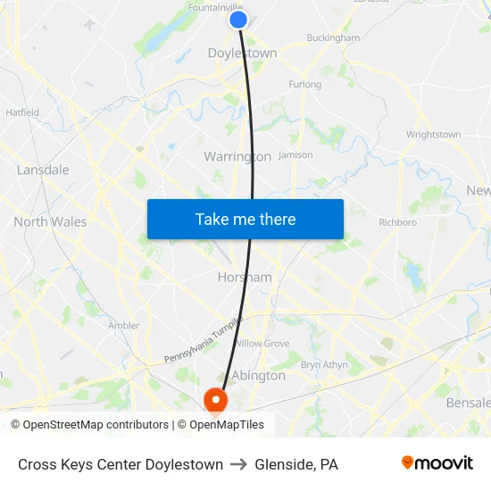 Cross Keys Center Doylestown to Glenside, PA map