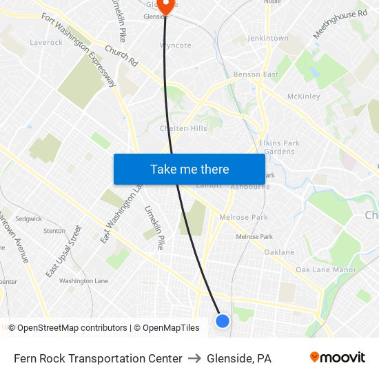 Fern Rock Transportation Center to Glenside, PA map