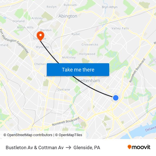 Bustleton Av & Cottman Av to Glenside, PA map