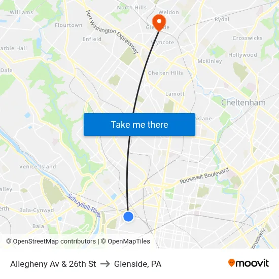 Allegheny Av & 26th St to Glenside, PA map