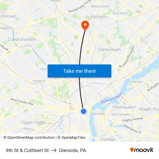 9th St & Cuthbert St to Glenside, PA map