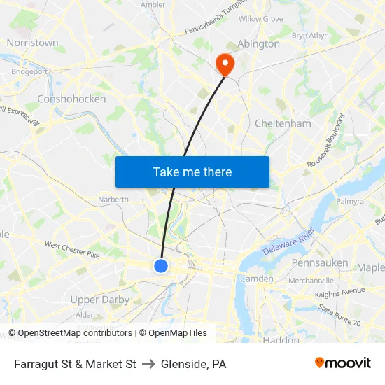 Farragut St & Market St to Glenside, PA map