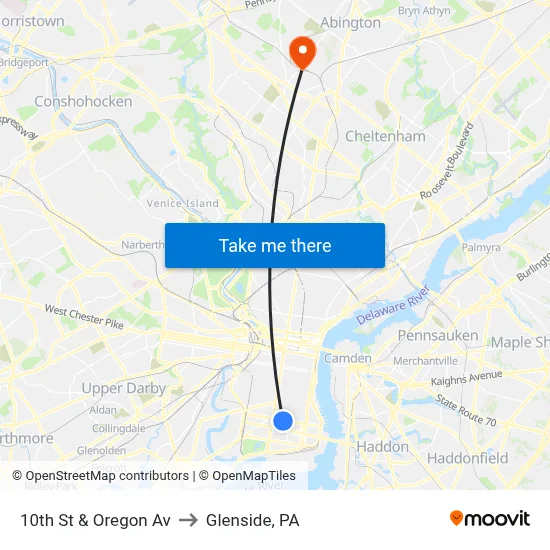 10th St & Oregon Av to Glenside, PA map