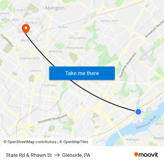 State Rd & Rhawn St to Glenside, PA map