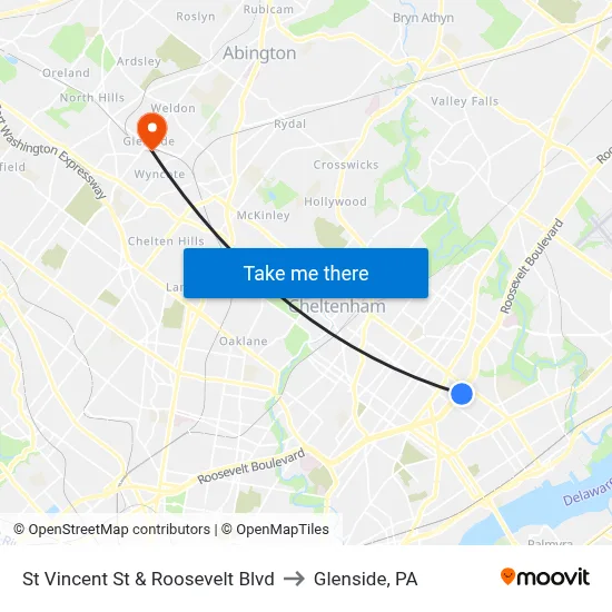 St Vincent St & Roosevelt Blvd to Glenside, PA map