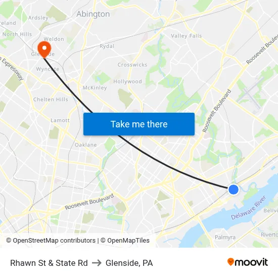 Rhawn St & State Rd to Glenside, PA map