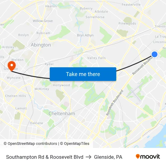 Southampton Rd & Roosevelt Blvd to Glenside, PA map