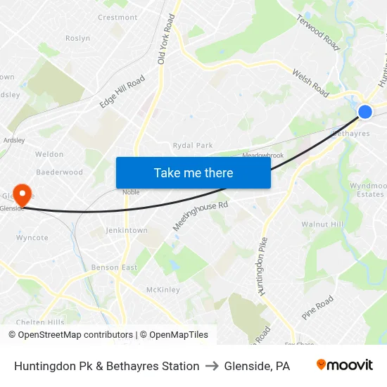 Huntingdon Pk & Bethayres Station to Glenside, PA map