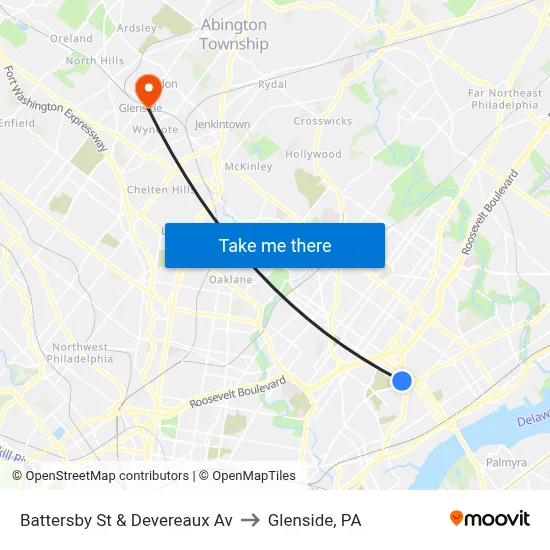 Battersby St & Devereaux Av to Glenside, PA map