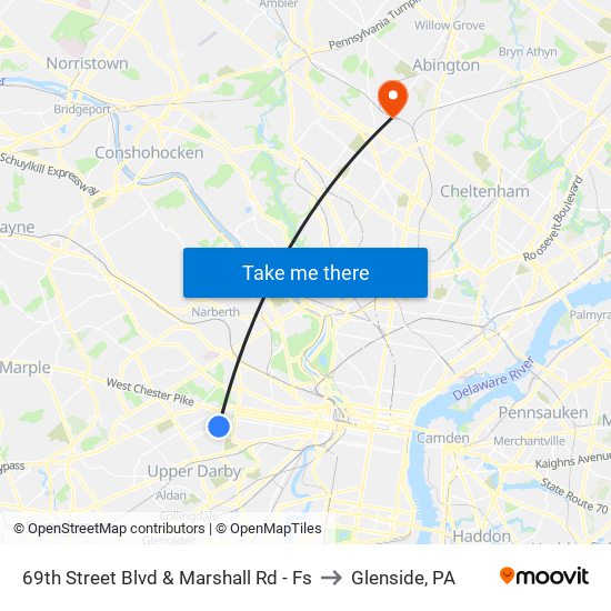 69th Street Blvd & Marshall Rd - Fs to Glenside, PA map