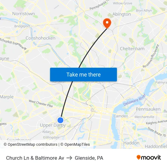 Church Ln & Baltimore Av to Glenside, PA map