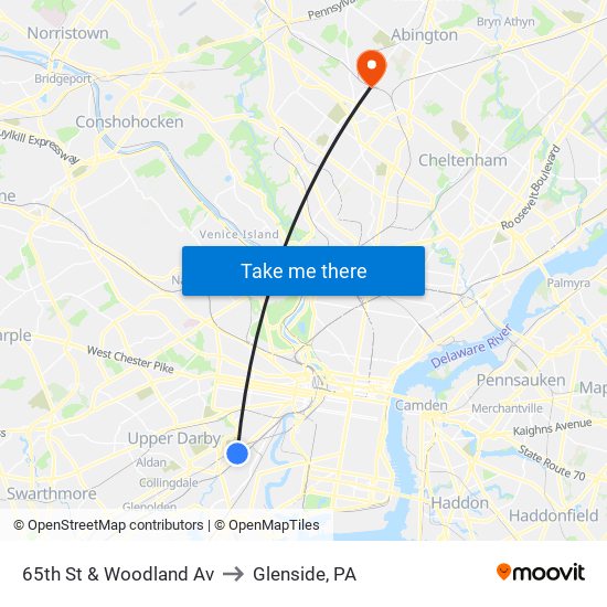 65th St & Woodland Av to Glenside, PA map