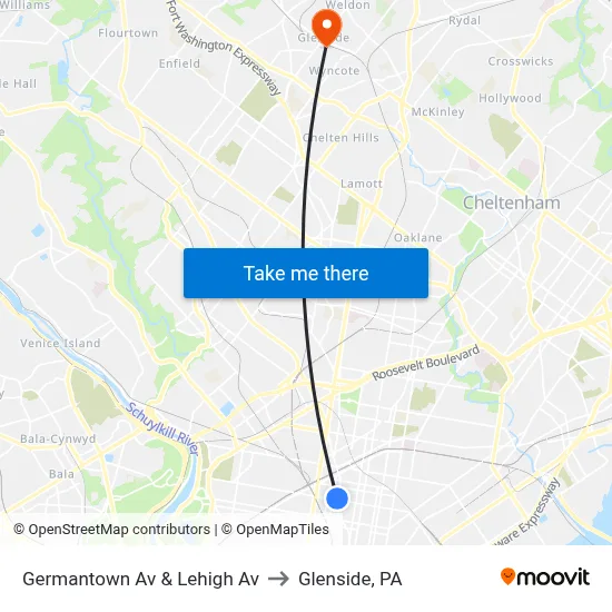 Germantown Av & Lehigh Av to Glenside, PA map