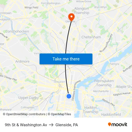 9th St & Washington Av to Glenside, PA map