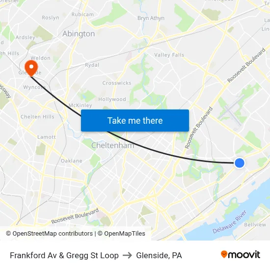 Frankford Av & Gregg St Loop to Glenside, PA map