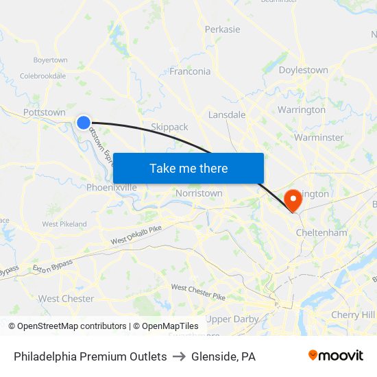 Philadelphia Premium Outlets to Glenside, PA map