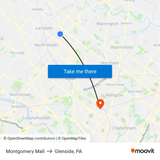 Montgomery Mall to Glenside, PA map