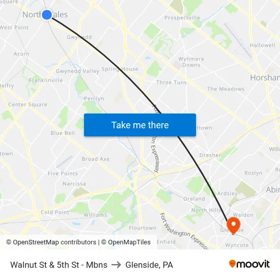 Walnut St & 5th St - Mbns to Glenside, PA map