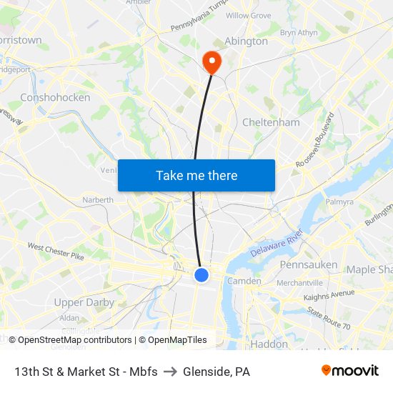 13th St & Market St - Mbfs to Glenside, PA map