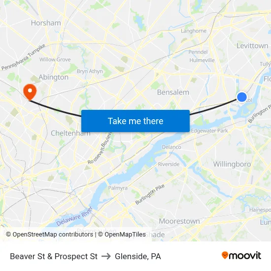 Beaver St & Prospect St to Glenside, PA map