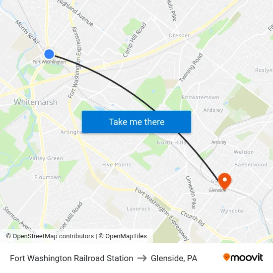 Fort Washington Railroad Station to Glenside, PA map
