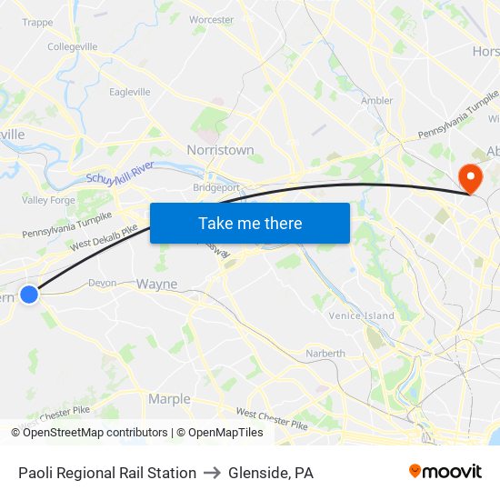 Paoli Regional Rail Station to Glenside, PA map