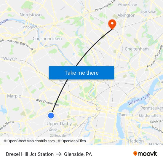 Drexel Hill Jct Station to Glenside, PA map