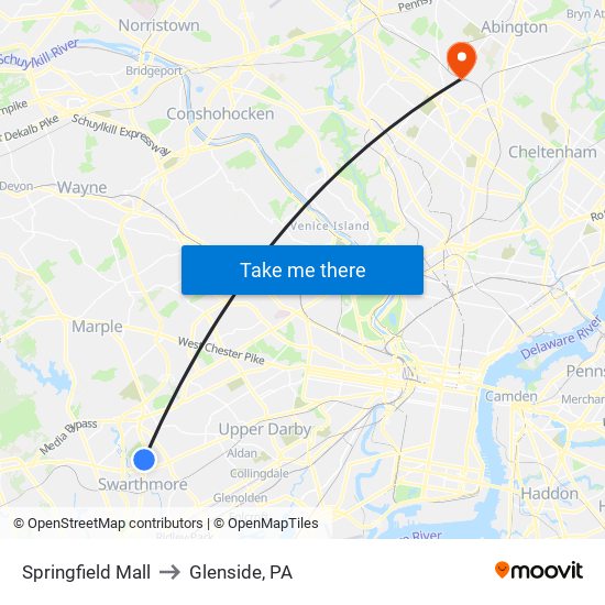 Springfield Mall to Glenside, PA map