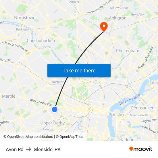 Avon Rd to Glenside, PA map