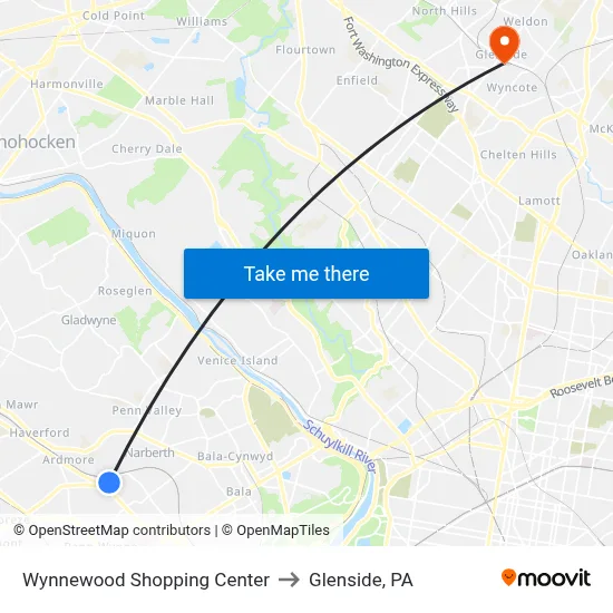 Wynnewood Shopping Center to Glenside, PA map