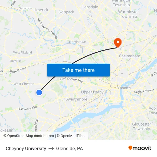 Cheyney University to Glenside, PA map