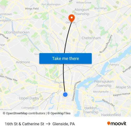16th St & Catherine St to Glenside, PA map