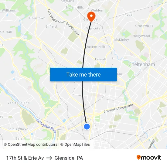 17th St & Erie Av to Glenside, PA map