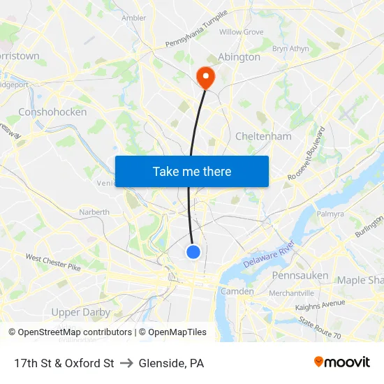 17th St & Oxford St to Glenside, PA map