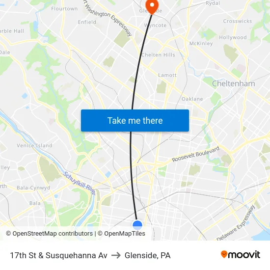 17th St & Susquehanna Av to Glenside, PA map